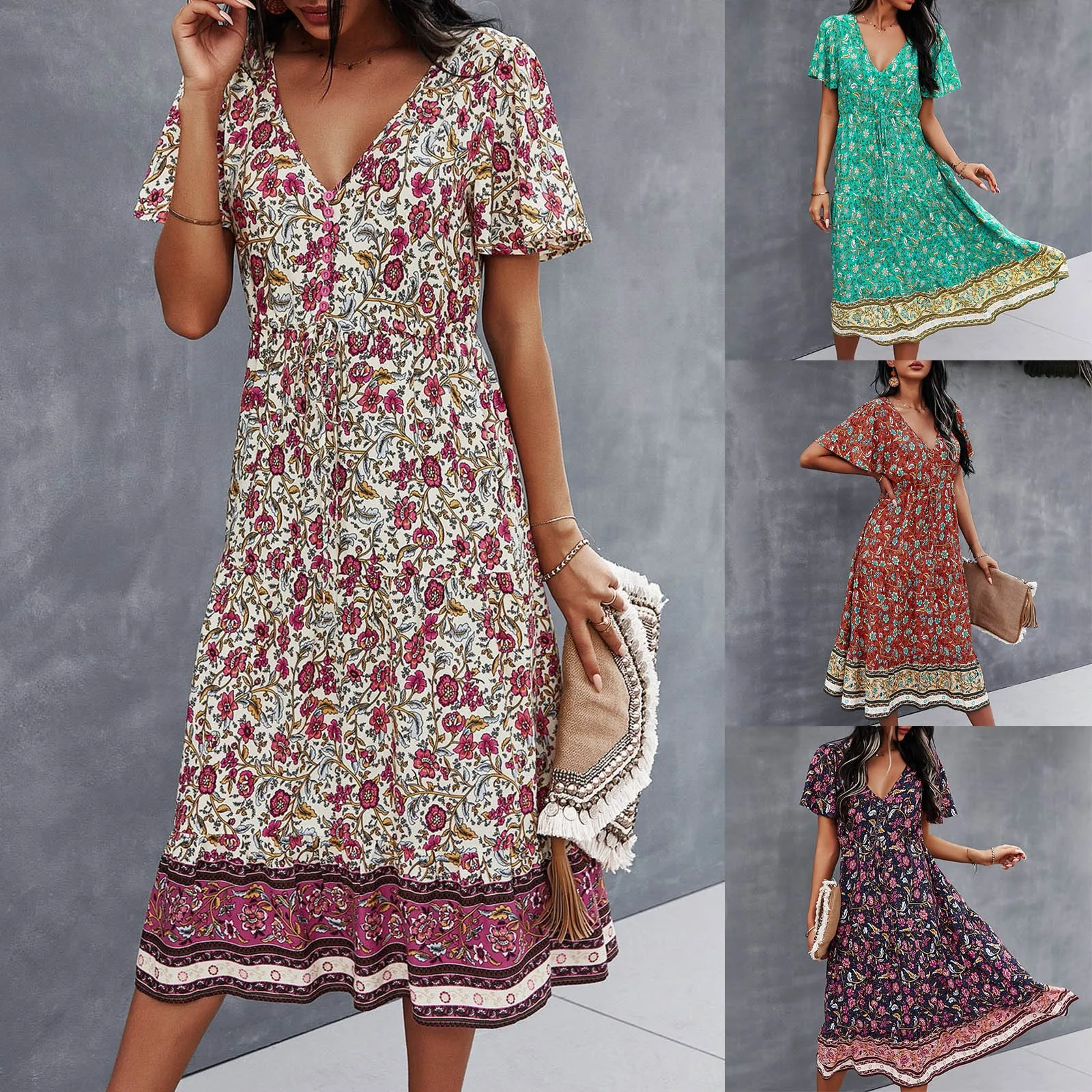 Women Dress Casual Loose Floral Print V-Neck Ladies Short Sleeve Dress Fashion Elegant Beach Style Temperamental Mujer Vestido 1