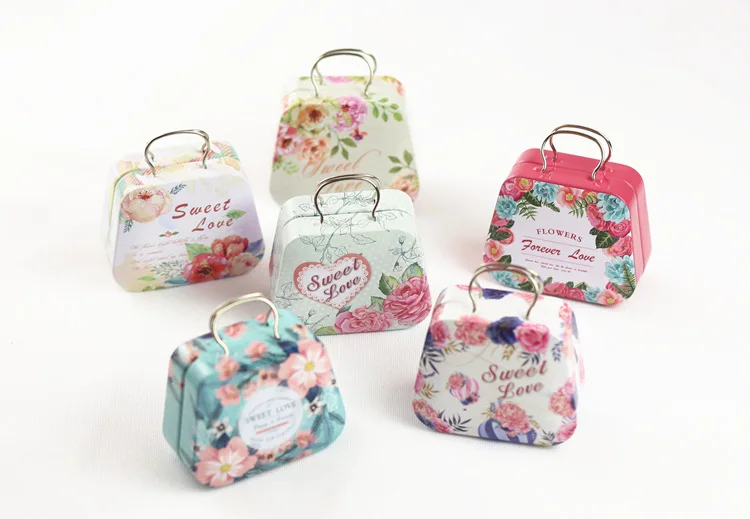 

24pcs Vintage Flower Metal Suitcase Candy Storage Bcox For Wedding Decoration Tin Box With Handle 55*38*45mm