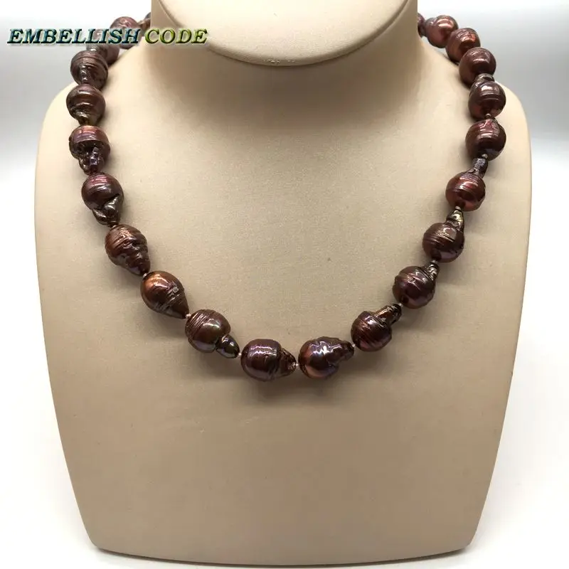 

Normal size baroque pearl necklace tissue nucleated flame ball shape brown coffee color low price 100% natural freshwater pearl