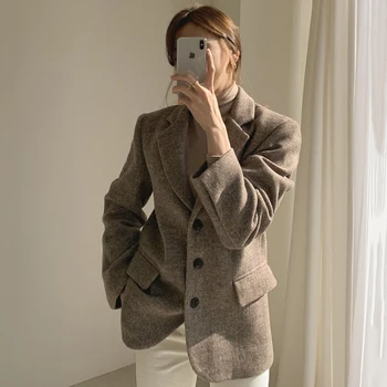 

SHENGPALAE 2020 Autum Winter Herringbone Temperament Lapel Three Button Straight Tube Long Sleeve Minimalist Suit Short Coat