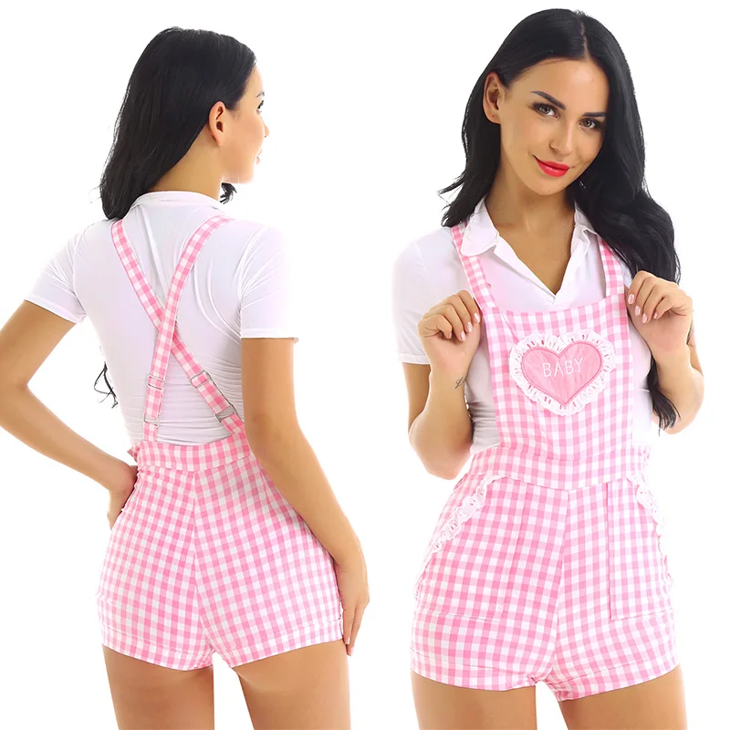 Womens School Girl Bodysuit Cute Adjustable Shoulder Straps Criss-cross Back Gingham Print Babydoll Short Overalls Shortalls sexy bodysuit