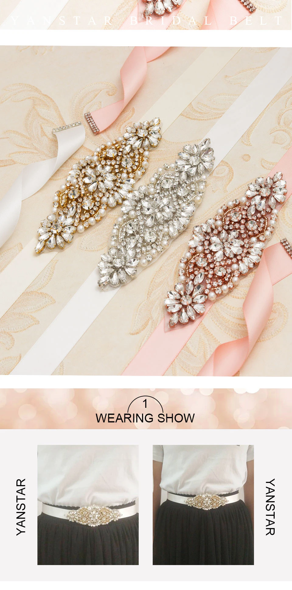 MissRDress Wedding Dress Belt Rhinestones Bridal Sash Crystal Pearls Bridal Belt Gold Wedding Sash Bridal Dress Belt JK850