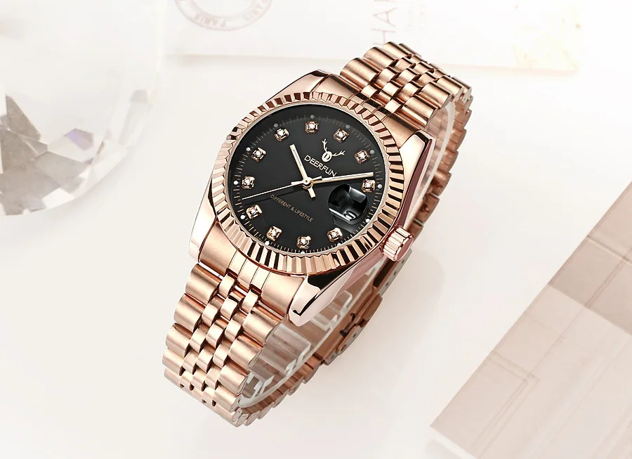 Rose gold black Роскошные мужские/женские часы из нержавеющей стали с автоматической датой кварцевые часы немеханические классические часы водонепроницаемые часы Relogio - Цвет: Rose gold black