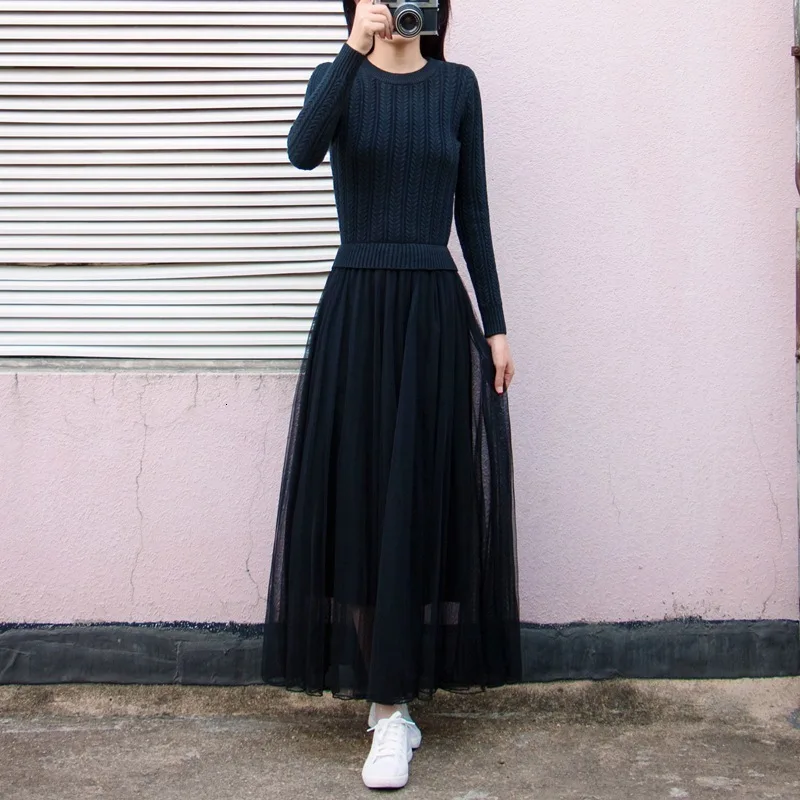 Элегантное платье свитер для женщин длинный рукав вязаный сетка пэчворк