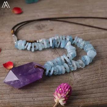 

Natural Amethysts Quartz Double Point Pendant Aquamrines Chip Beads Leather Knotted Handmade Necklace Fashion Women Jewelry