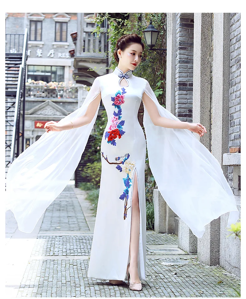 Китайское традиционное Cheongsam женское тонкое сценическое подиумное платье с рукавами для выступлений Qipao женское платье XL длинное платье-чонсам