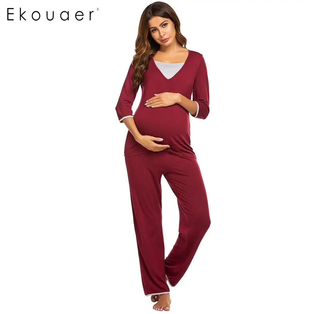 Ekouaer, женская ночная Пижама, с круглым вырезом, 3/4, длинные штаны, для кормления грудью, пижамный комплект, женская одежда для сна, одежда для отдыха - Цвет: Wine Red