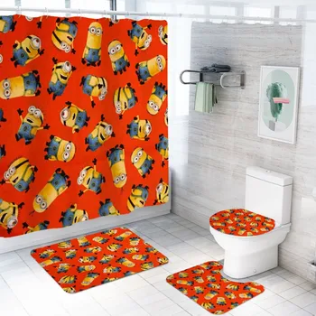 

Kid Home Custom Bathroom Set Minions Print Cartoon Shower Curtains Non-Slip Rug Toilet Lip Cover U Shape Rug Waterproof Curtain