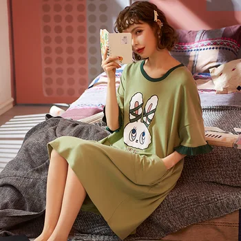 

Sleepdress Summer Women Nightgowns Green Cute Cartoon Nightwear Skirt Medium Length Household Clothing Cotton Nightgowns