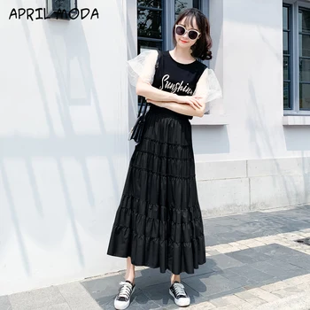 

High Waist Chiffon A-line Skirts Womens Korean Style Office Ladies Cake Ruffles Long Skirt Casual Midi Calf Black Skirts Solid