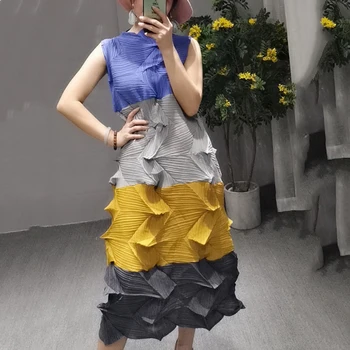 

LANMREM Colorblock Diamond Pleat Design Stand Collar Sleeveless Loose Plus Woman Dress Casual Wild Fashion 2020 Summer New TV500