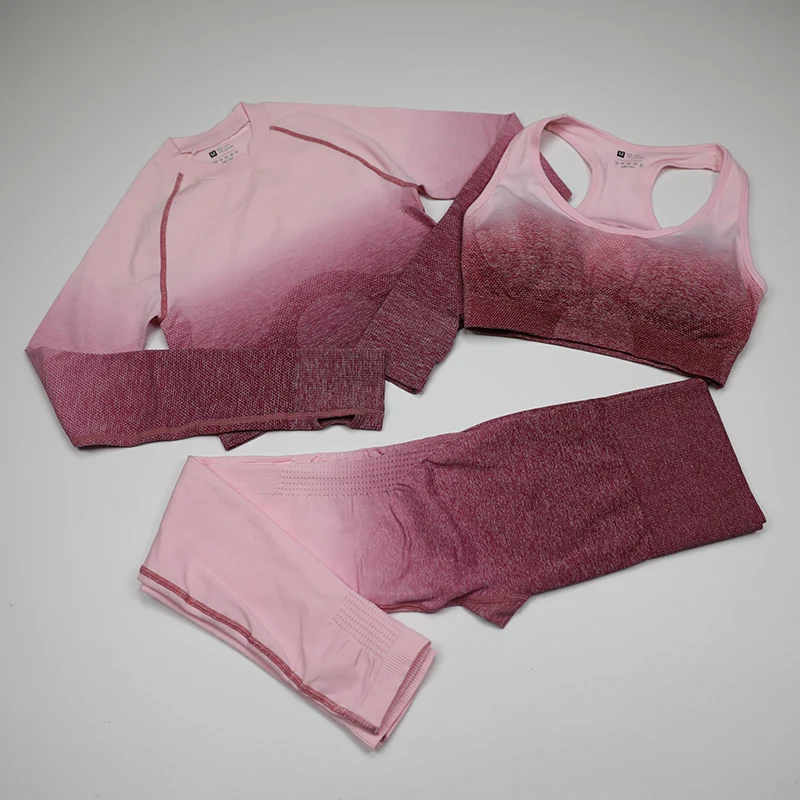 3pcs rose red Комплект из 3 предметов для йоги, женский укороченный Топ с длинным рукавом, спортивный бюстгальтер для фитнеса, спортивные Леггинсы с высокой талией, одежда для спортзала, бесшовный спортивный костюм с эффектом омбре - Цвет: 3pcs rose red