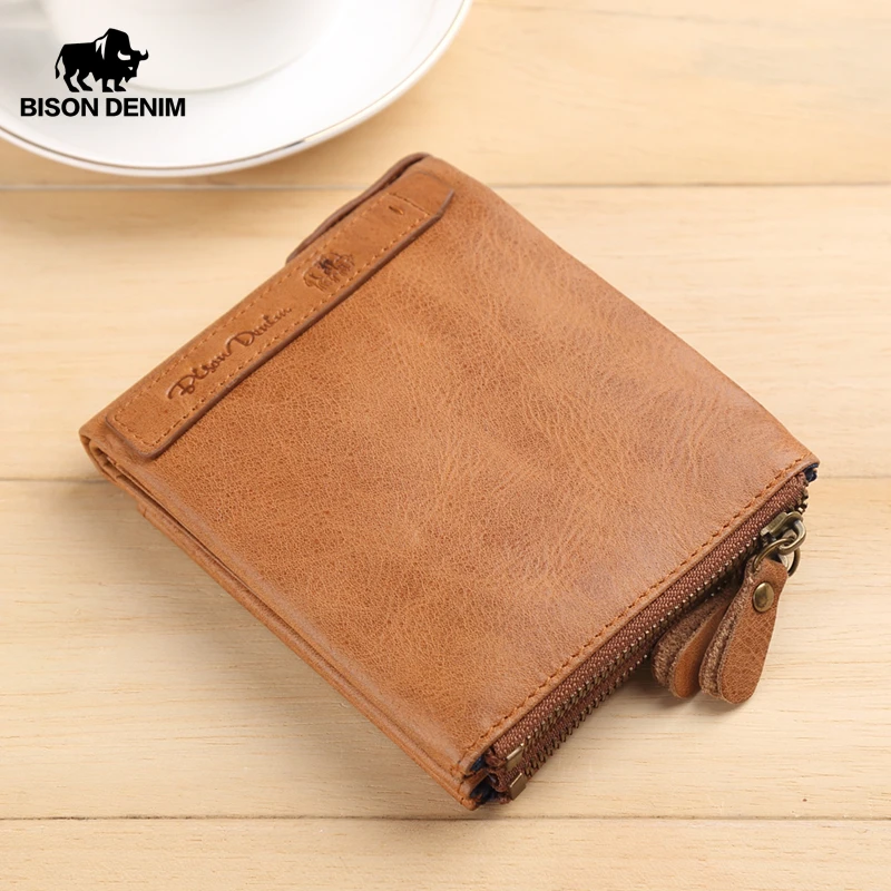 

BISON DENIM Men Wallets Cowhide Leather Male Wallet Short Coin Purse Vintage Zipper Wallet Brand Card Holder Wallet W4403