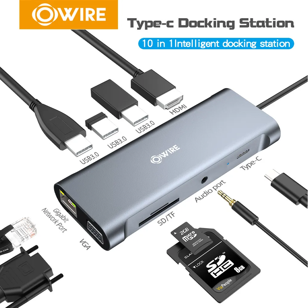 Концентратор OWIRE USB C 10 в 1 Тип на 3 5 4K HDMI VGA PD мм полнофункциональный концентратор