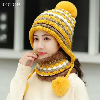 

Winter plus velvet hat knit hat bib warm wool hat thickening three hair ball ear protection neck knit hat gorros mujer invierno