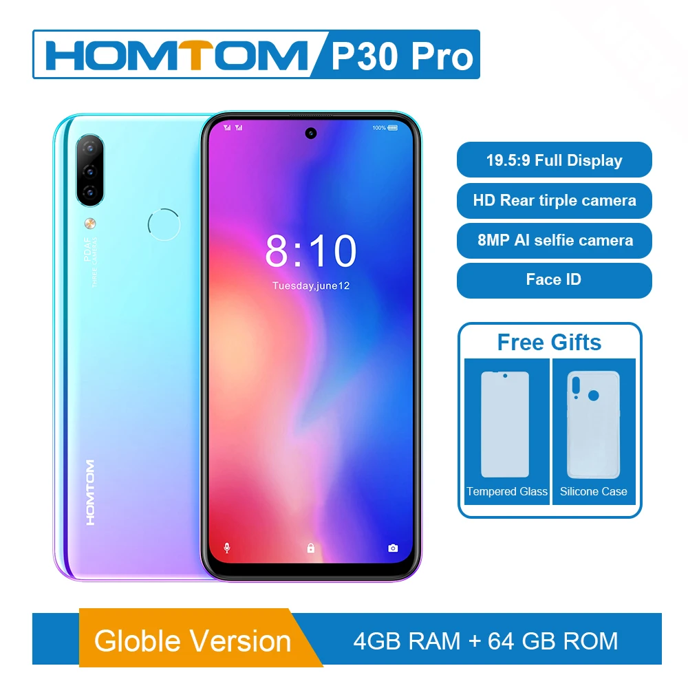 Мобильный телефон HOMTOM P30 pro, 4 ГБ, 64 ГБ, Android 9,0, 6,41 дюймов, экран incell MT6763, четыре ядра, 4000 мАч, распознавание лица, 13 МП, камера AI, смартфон