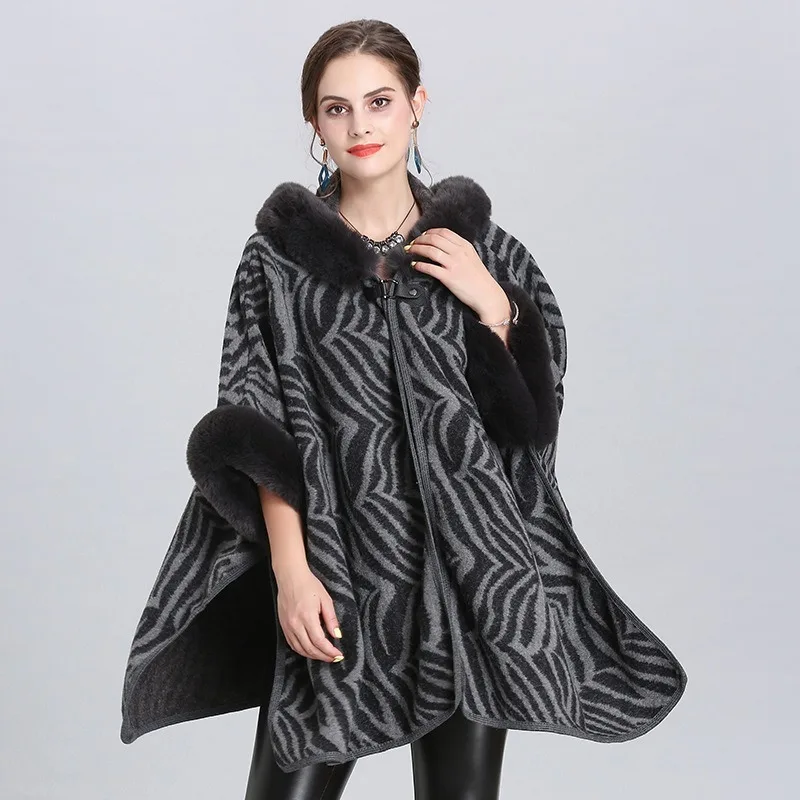 

New 2019 Winter European Women Loose Cloak Faux Fox Fur Patchwork Capes Female Knitted Plus Size Split Ponchos Hooded Cardigans