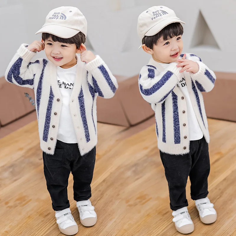 New Style Versatile Children Long Sleeve BOY'S Autumn Clothing Knitted Cardigan Children Stripes Mink Cashmere Sweater Fash