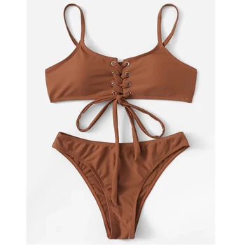 

Sexy Two Pieces Bikini Set Women Lace Up High Leg Bikini Swimwear Brown Bathing Swimming Suit for Women 2020 Biquini Feminino