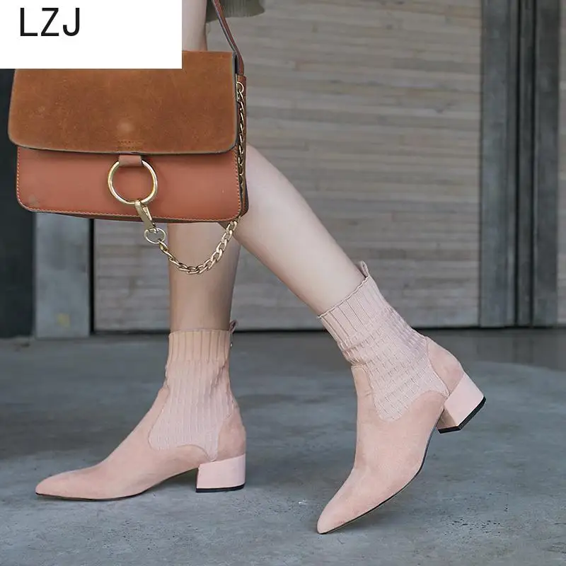 Najtaniej 2019 buty damskie Pointed Toe przędza elastyczny gruby obcas wysokie obcasy buty kobieta kobieta skarpetki knitting botki różowe buty czarne