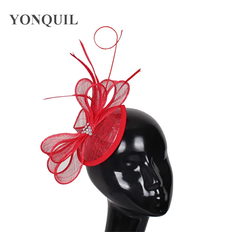 Красный Красивый обруч с перьями, вуаль с бантом, свадебная шляпа, заколки для невесты, женские, Королевский чай, вечерние, модные, для волос, фетровая шляпа, заколки для волос - Цвет: Красный