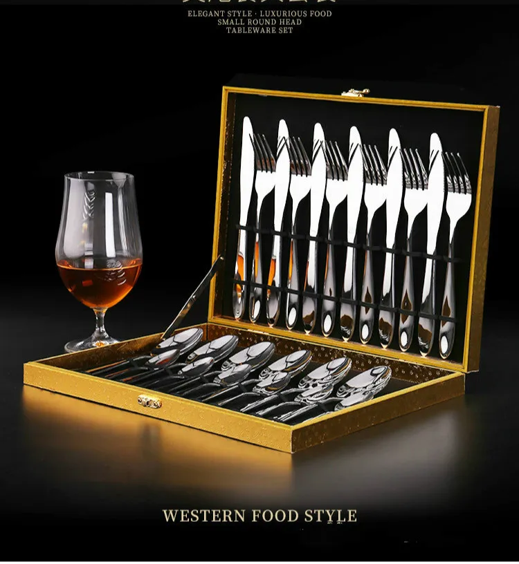 נירוסטה מעובה מערבי כלי שולחן סט סכין, מזלג וכפית 24 מקשה אור נירוסטה כפית סטייק כלי שולחן