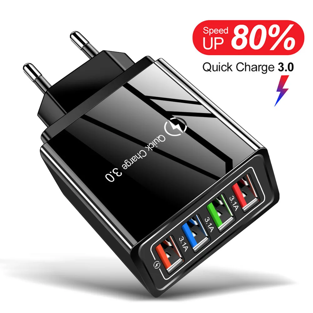 4 USB Charger Quick Charge 3.0 For Phone Adapter for iPhone XR Huawei Tablet Portable EU Plug Wall Mobile Charger Fast Charging carcharger Car Chargers