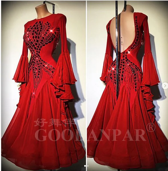 

ballroom competition dance dresses NEW Design Woman Modern Waltz Tango Dance Dress standard sexy dress Flare Sleeve red stones