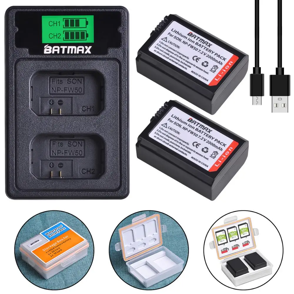 Batmax 2pcs NP-FW50 NP FW50 Battery free storage box+LCD Dual USB Charger for Sony Alpha a6500 a6300 a6000 a5000 a3000 NEX-3 a7R |