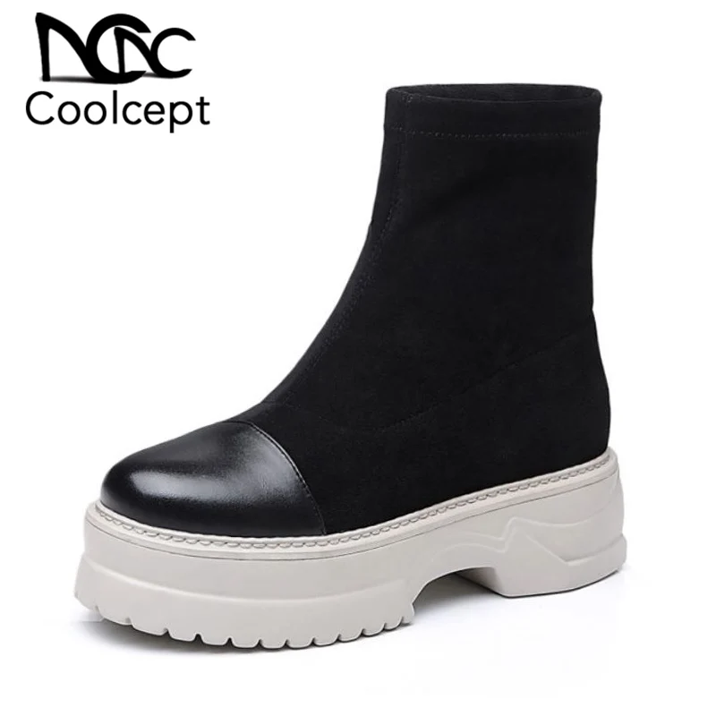 

Coolcept Women High Quality Genuine Leather Ankle Boots Round Toe Thick Bottom Simple Black Short Boots Footwear Size 34-39
