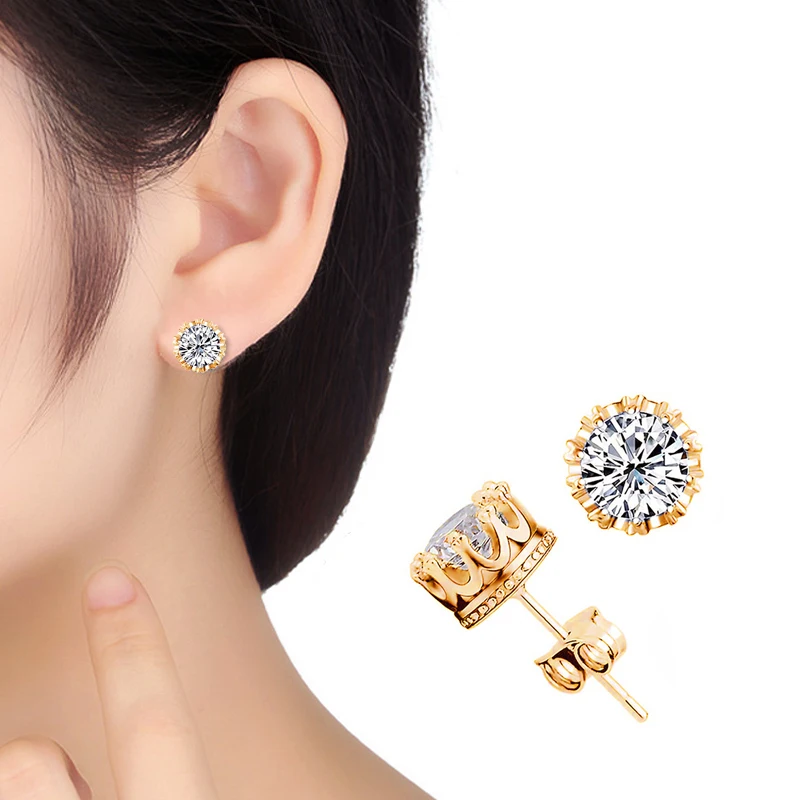 Hot Sale Fashion Party Crystal Crown Silver Color Stud Earrings Exquisite Round 8MM Gold Color CZ Ear Stud Women Jewelry Gift