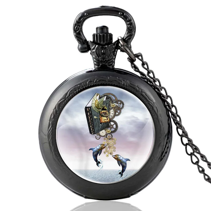 

Steampunk Gear And Dolphin Vintage Quartz Pocket Watch Men Women Classic Glass Dome Pendant Necklace Hours Clock Gifts