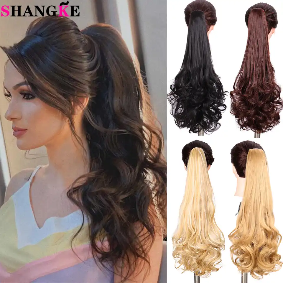 Shangke 24 Dlinnye Volnistye Volosy Na Zakolkah Dlya Narashivaniya Vysokaya Temperatura Ombre Blond Korichnevyj Malenkij Poni Hvost Sinteticheskie Volosy Kogot Konskie Hvosty Aliekspress