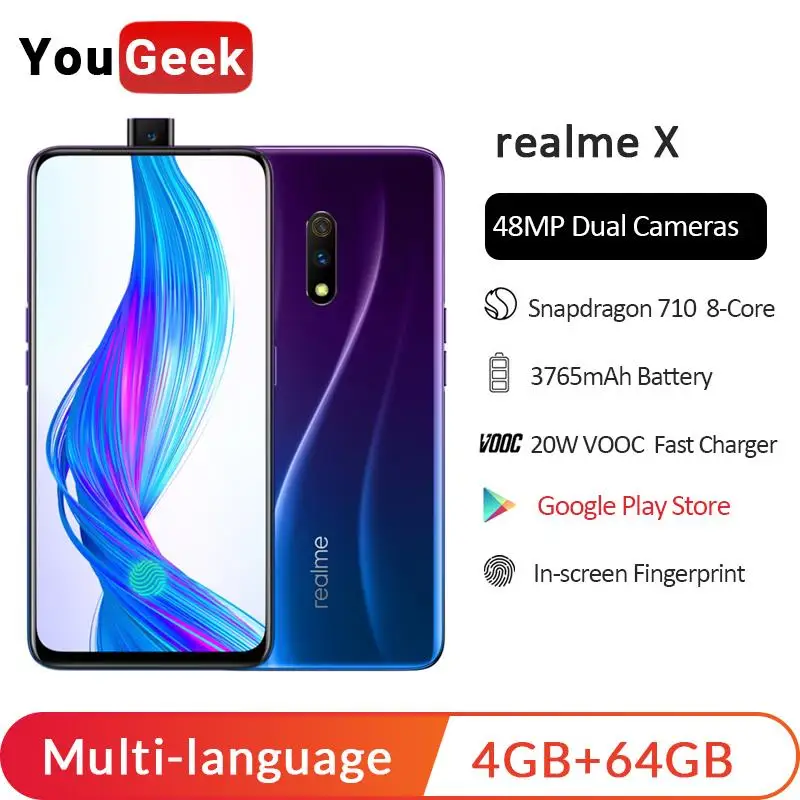 

realme X 4GB RAM 64GB ROM 6.53'' Full Screen Moblie Phone Pop-up Camera Cellphone 20W VOOC Fast Charge 3.0 Smartphone