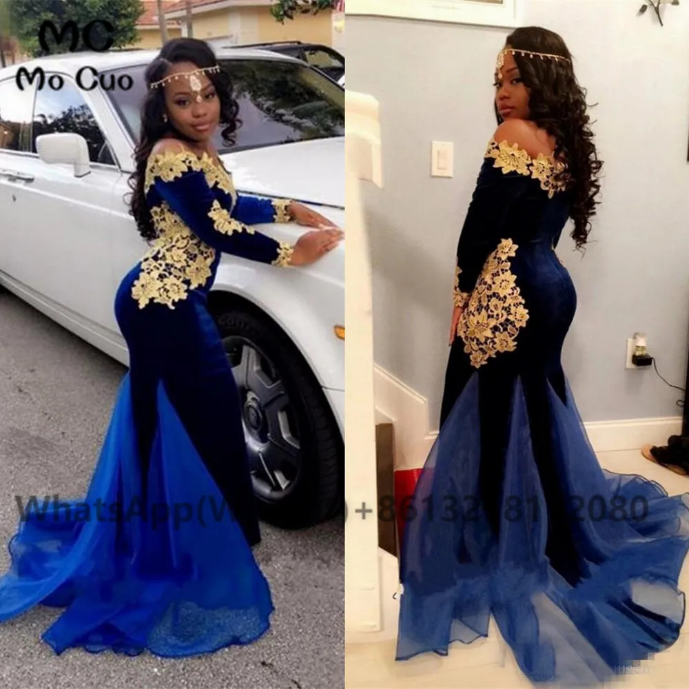 Saudi Arabic Long Sleeves Evening Gowns 2018 Navy Blue Gold Appliques Mermaid Prom Dress Off The Shoulder African Special Occasion Dress (1)
