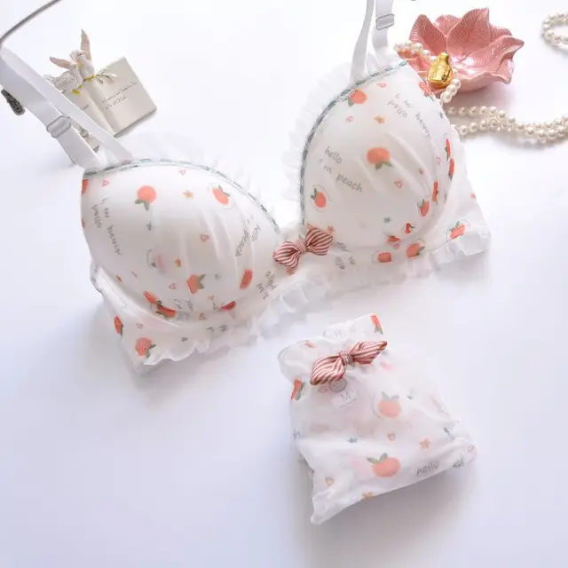 Plus Size Kawaii Push Up Bra Sets Girl Cute Bow Floral Bra Summer Dot Small Fresh Comfortable Underwear ABCD Cup Peach