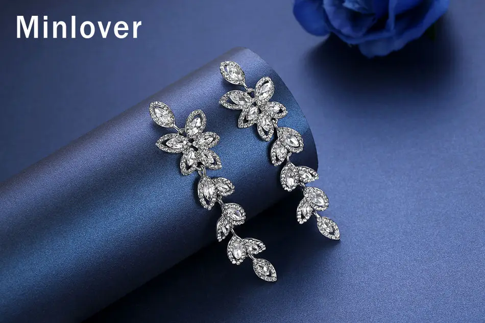 Minlover европейские листья невесты Висячие серьги для женщин серебряного цвета кристаллическое Украшение «конский глаз» серьги-капельки с имитацией листьев ювелирные изделия MEH1045