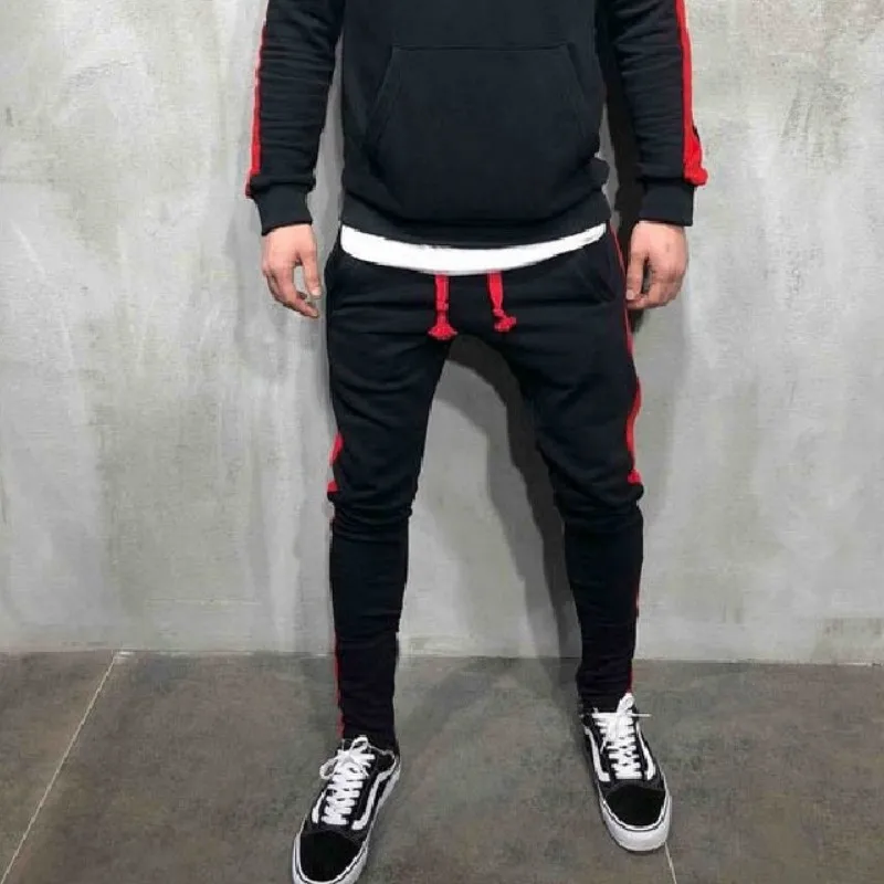Black Pants Мужской полосатый спортивный костюм для бега, толстовка с капюшоном+ спортивные штаны, комплект из 2 предметов, мужской красный пуловер, худи, спортивная одежда, спортивный костюм для мужчин - Цвет: Black Pants