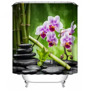 

3D Bamboo Water Stone Scenery Waterproof Bathroom Shower Curtain Bath Mat Set Pedestal Rug Lid Toilet Cover Home Decor w/ Hooks