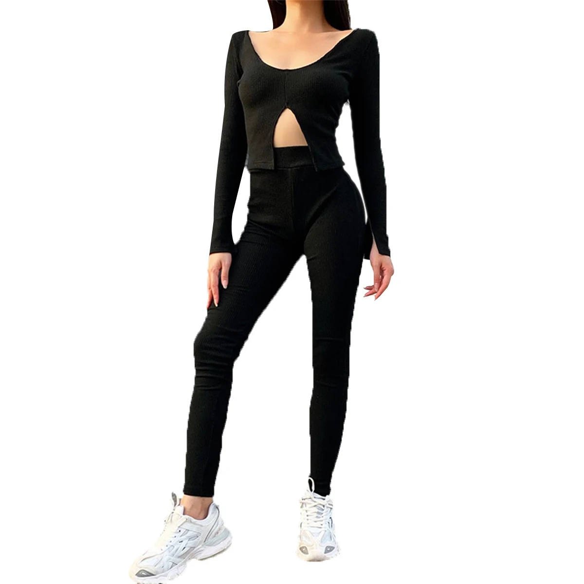 

Womens Summer Long-sleeved Top Fashion Solid Color Split Exposed Navel Square Collar T-shirt