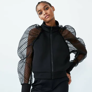 

2019 Fashion Ladies Coat Elegant Polka Dot Sheer Mesh Puff Long Sleeve Shirt Tops Ladies Zipper Winter Autumn Coat Outerwear