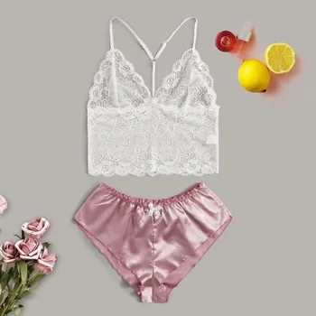 

2s#Women Bow Sleepwear Sleeveless Strap Nightwear Lace Trim Satin Cami Top Pajama Sets femme sexy lingerie pyjamas women