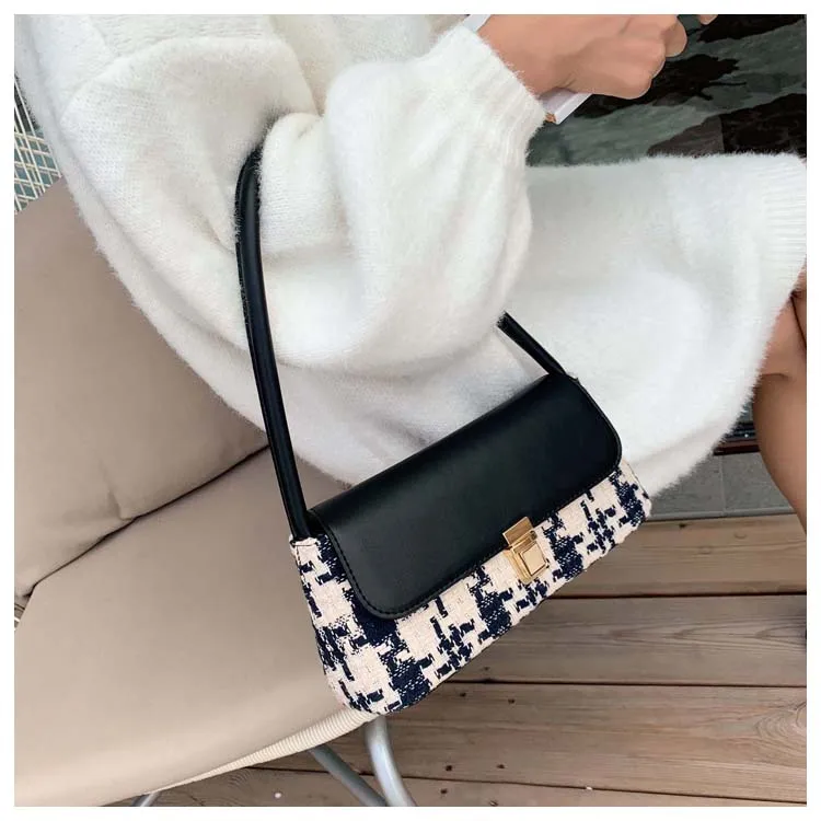 Winter Wool Plaid Small Shoulder Bag for Women Modern Handbags Mini Baguette Bags PU leather Lock Tote Black White Red Green Bag (13)