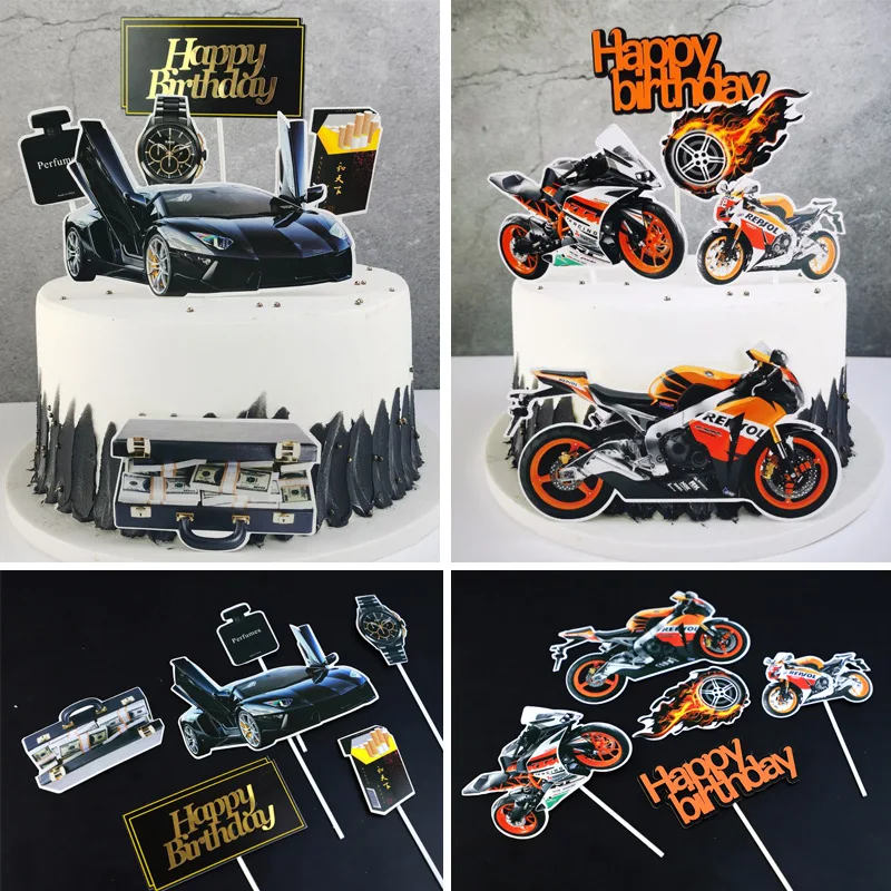 

Happy Birthday Cake Toppers Motorcycle Topper Kids Girls Car Watch Cigarette Cake Flags Wedding Bride Party Baking DIY Decor