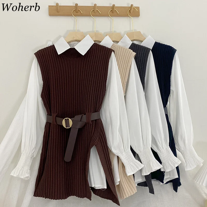 Woherb 2022 Korean Spring Autumn Women Knitted Sweater Vest + White Blouse Casual Belt Suit Two Pieces Set Office Lady Outfits | Женская