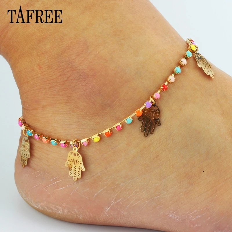 TAFREE красочные хрустальные ножные браслеты с шармами Хамса, листочка, Бабочка, цветок пляжный Праздник ювелирные изделия для женщин ноги коготь цепи