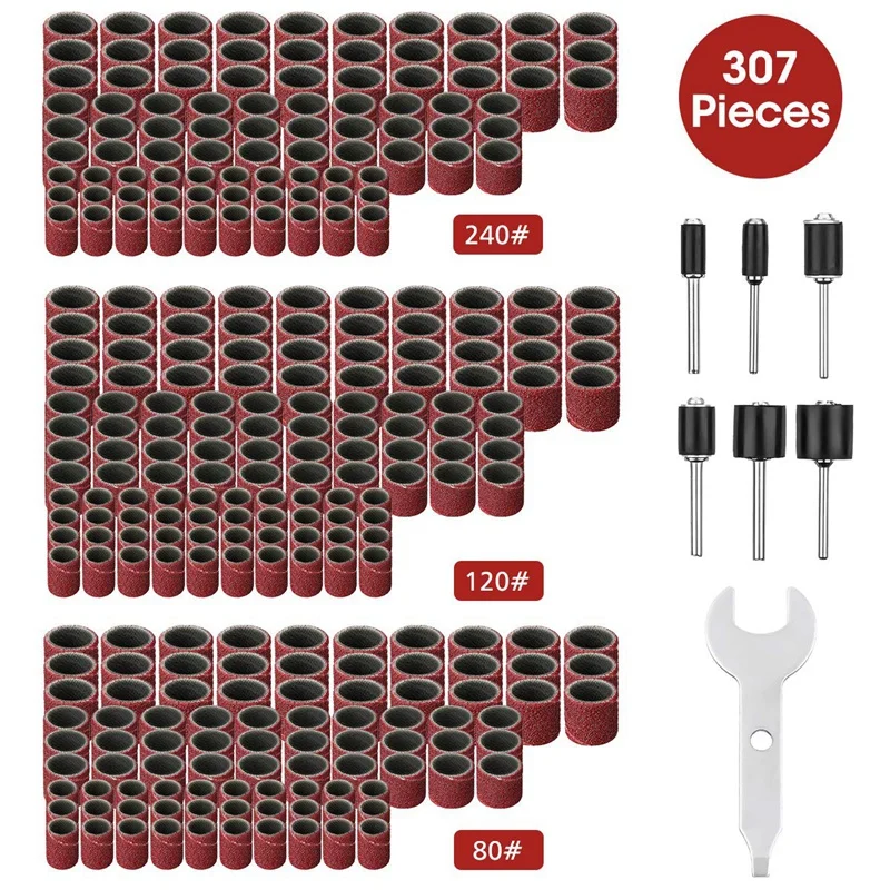 Promotion-307 Pieces Drum Sander Set Sanding Drum Kit 300 Pieces Sanding Band Sleeves(80#/120#/240#)+ 6 Pieces Drum Mandrels