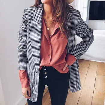 

Women Office Lady Casual Blazer Long Sleeve Jacket Lapel Tops Plaid Coat Outwear