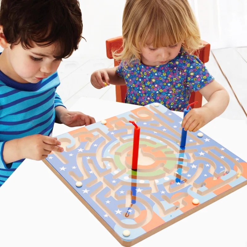 

Two-in-One Magnetic Pen Wielding Maze Children'S Educational Toy Wood Moving Position Tabletop Game 3-6-Year-Old