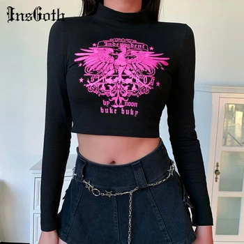 

InsGoth Fashion Streetwear Bodycon Print Tops Women Long Sleeve Crop Tops Turtle-neck Black Tshirt Autumn Female Gothic Punk Top